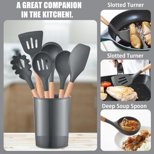 Sakoraware Silicone Kitchen Utensils Spoon Spatula Cooking 12 Pcs Set | Baking Set | Non-Stick with Wooden Handle- BPA Free, Heat Resistant Item Flexible Non Toxic Silicon Cookware Tools with Holder - Image 3