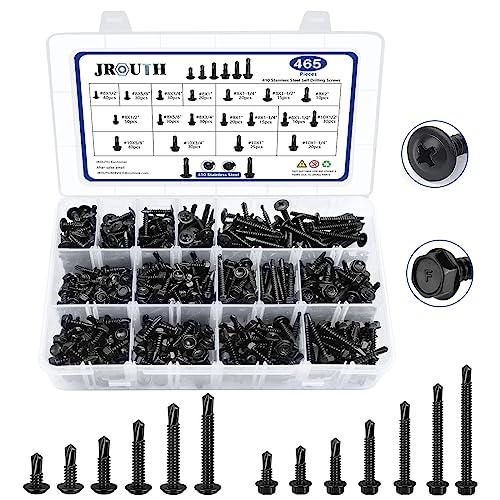 JROUTH 465 PCS Self Drilling Screws, 410 Stainless Steel Self Tapping Screws #8#10 for Metal-2 Type Head（Hex/Round） 1/2" to 2" Sheet Metal Screws Assortment Set for Building, Metal, Wood, and Plastic - Image 1