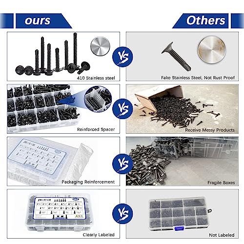 JROUTH 465 PCS Self Drilling Screws, 410 Stainless Steel Self Tapping Screws #8#10 for Metal-2 Type Head（Hex/Round） 1/2" to 2" Sheet Metal Screws Assortment Set for Building, Metal, Wood, and Plastic - Image 4