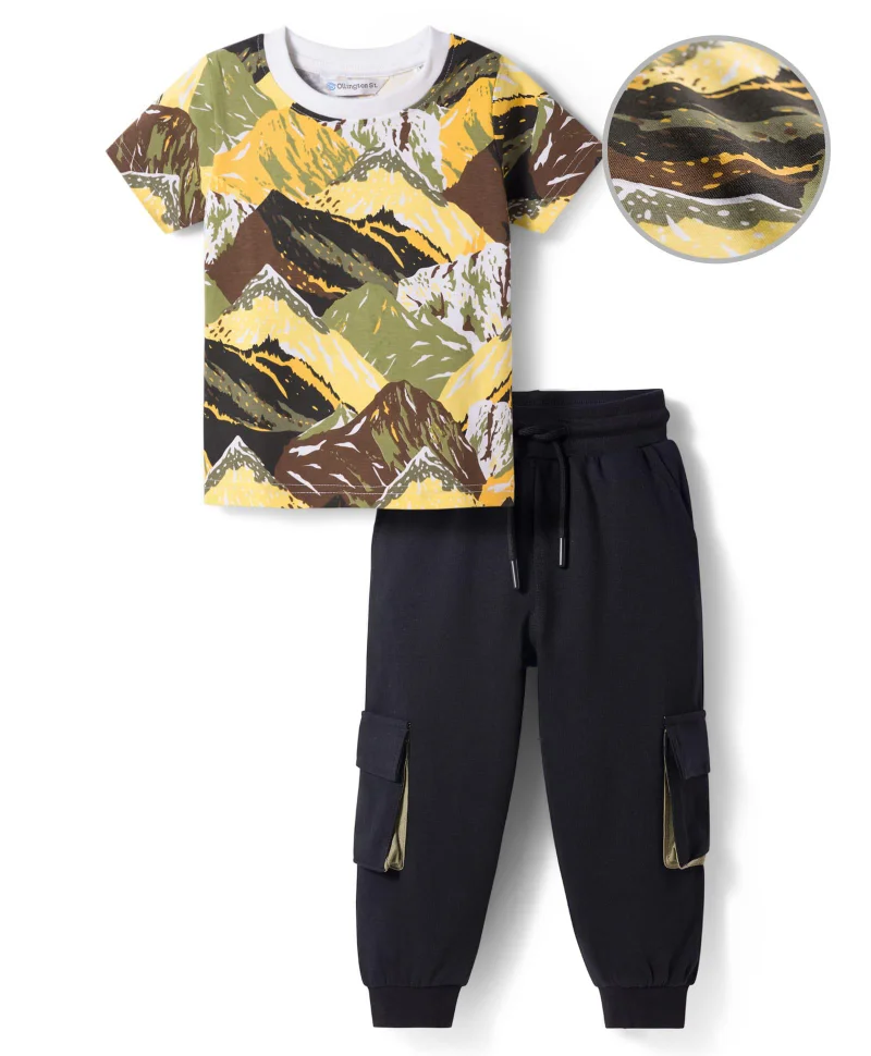 Ollington St. Ollington St. Cotton Knit Half Sleeves Printed T- Shirt & Joggers Set - Yellow/Black