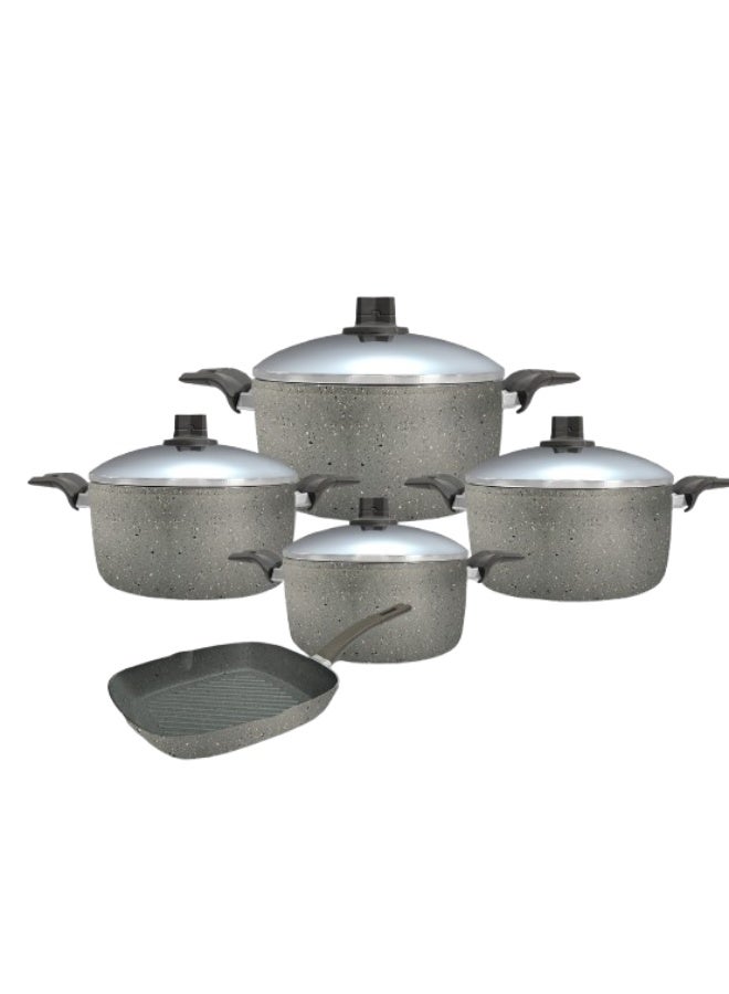 trueval Premium Granite 9-Piece Set (18-20-24-28 cm Pots - 28 cm Grill) Stainless Steel Lid