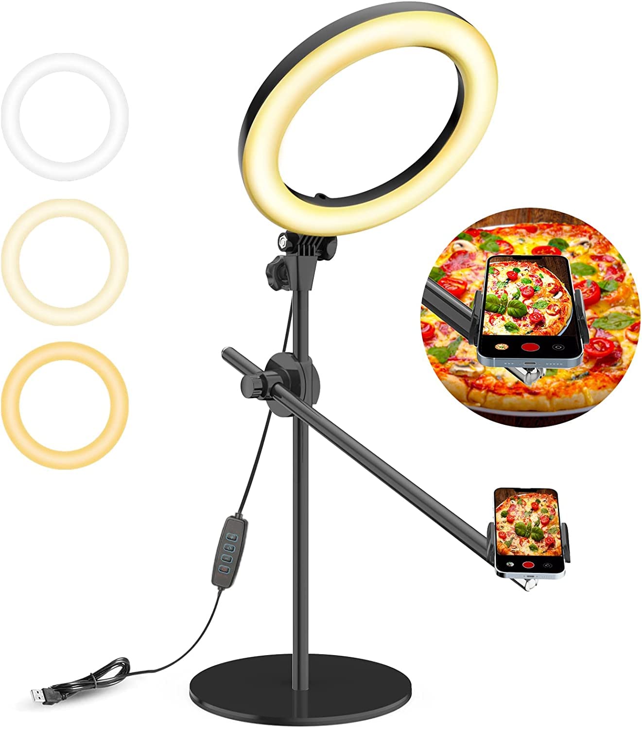 LUXSURE Ring Light for Desk with Stand,Overhead Camera/Phone Mount with 10.5" Ring Lights for iPhone,Phone Tripod with Light Adjustable Lighting for Video Recording,Cooking,Live Stream,Content Creator