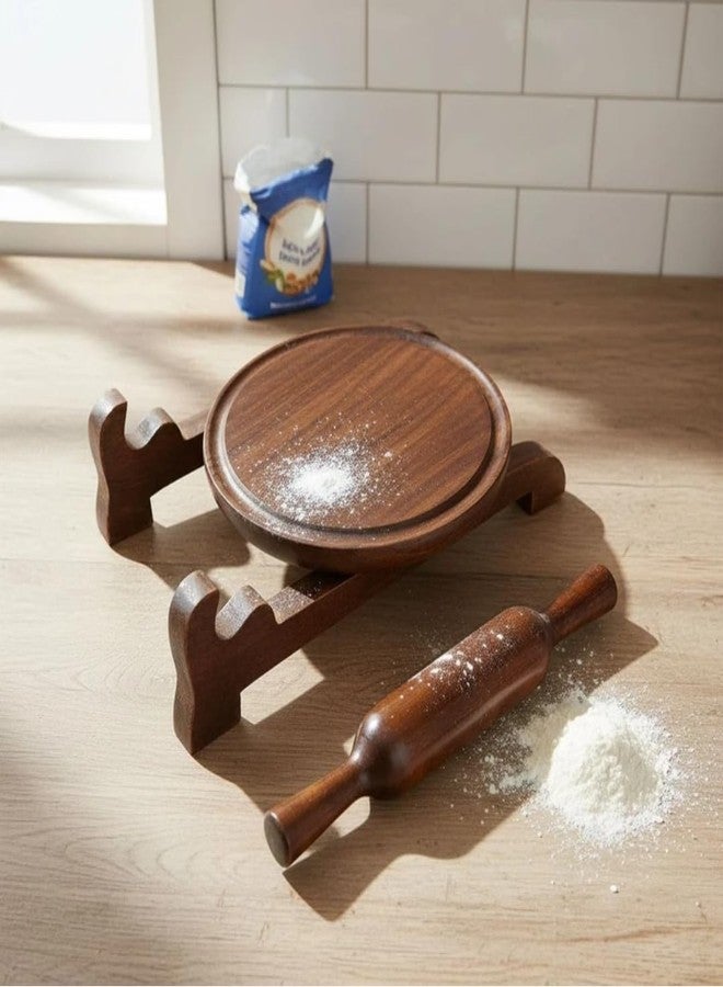 Either Wooden Chakla Belan Set, Round Roti Maker Board with Rolling Pin and Stand, Brown - Image 2