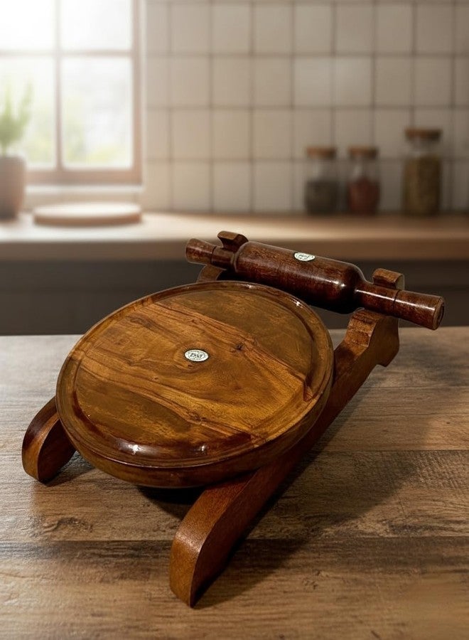 Either Wooden Chakla Belan Set, Round Roti Maker Board with Rolling Pin and Stand, Brown - Image 1