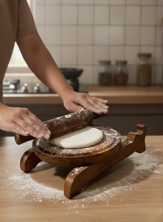 Either Wooden Chakla Belan Set, Round Roti Maker Board with Rolling Pin and Stand, Brown - Image 3