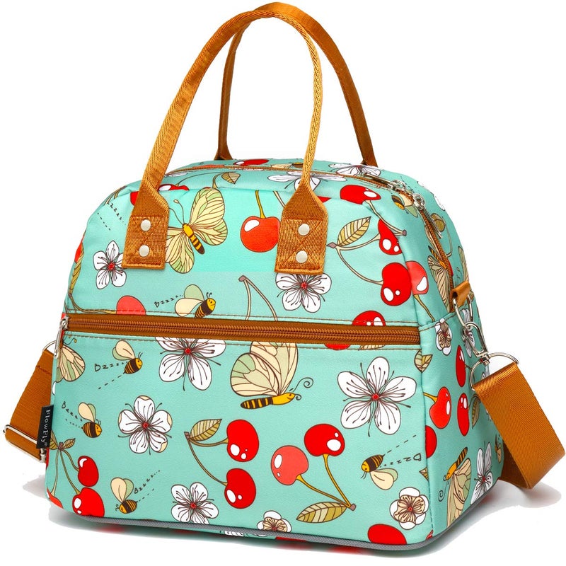 FlowFly Insulated Lunch Bag With Shoulder Strap for Women Men and Kids Large and Reusable Handle Freezable Work and School Travel Tote and Meal Prep OrganizerTurquoise Cherry