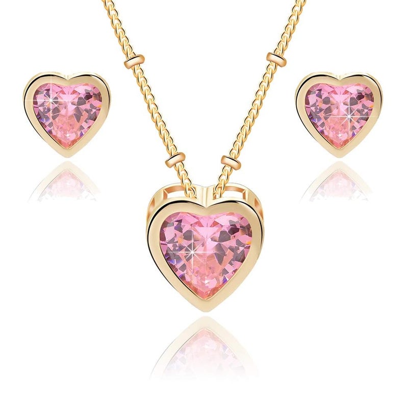 EVEVIC Austrian Crystal Heart Pendant Necklace Earrings for Women 14K Gold Plated Hypoallergenic Jewelry Set (Pink) - Image 1