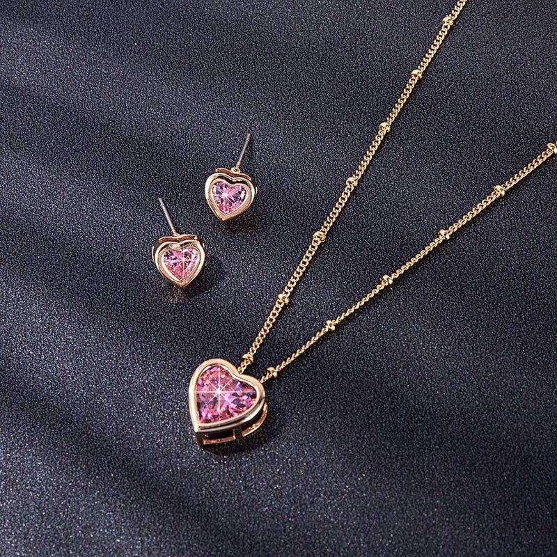 EVEVIC Austrian Crystal Heart Pendant Necklace Earrings for Women 14K Gold Plated Hypoallergenic Jewelry Set (Pink) - Image 3