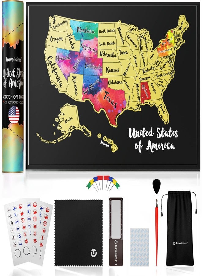 TRAVELISIMO Scratch Off Map of The United States, 12x17 inch Scratch USA with 25 Unique Accessories & Colorful Design, Perfect Scratch Map of United States for Travel, 50 States Travel Tracker - Image 1