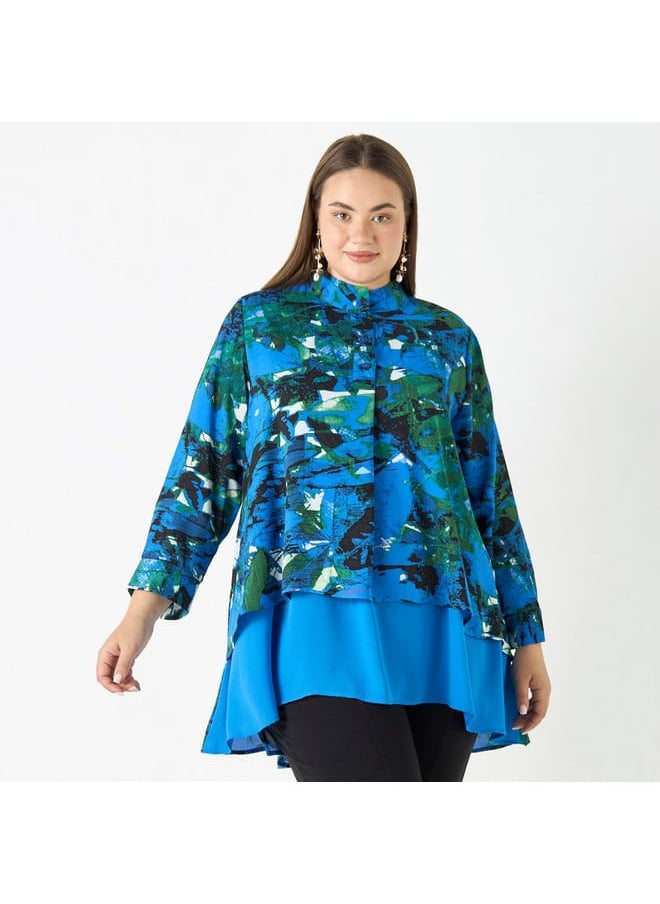 Ulla Popken Plus Size Ulla Popken All-Over Print High Low Top with Long Sleeves  - Image 1
