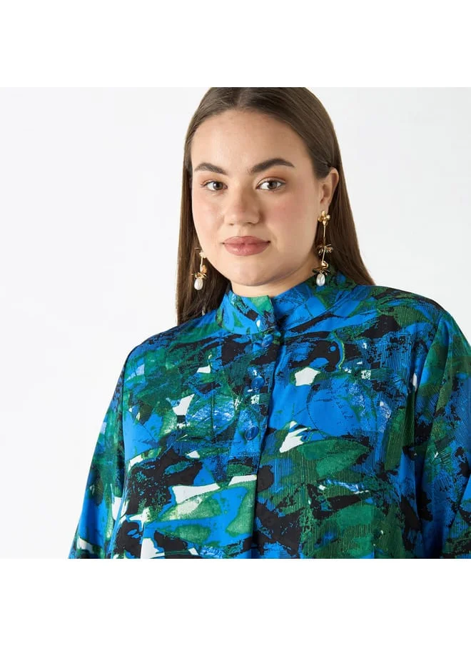 Ulla Popken Plus Size Ulla Popken All-Over Print High Low Top with Long Sleeves