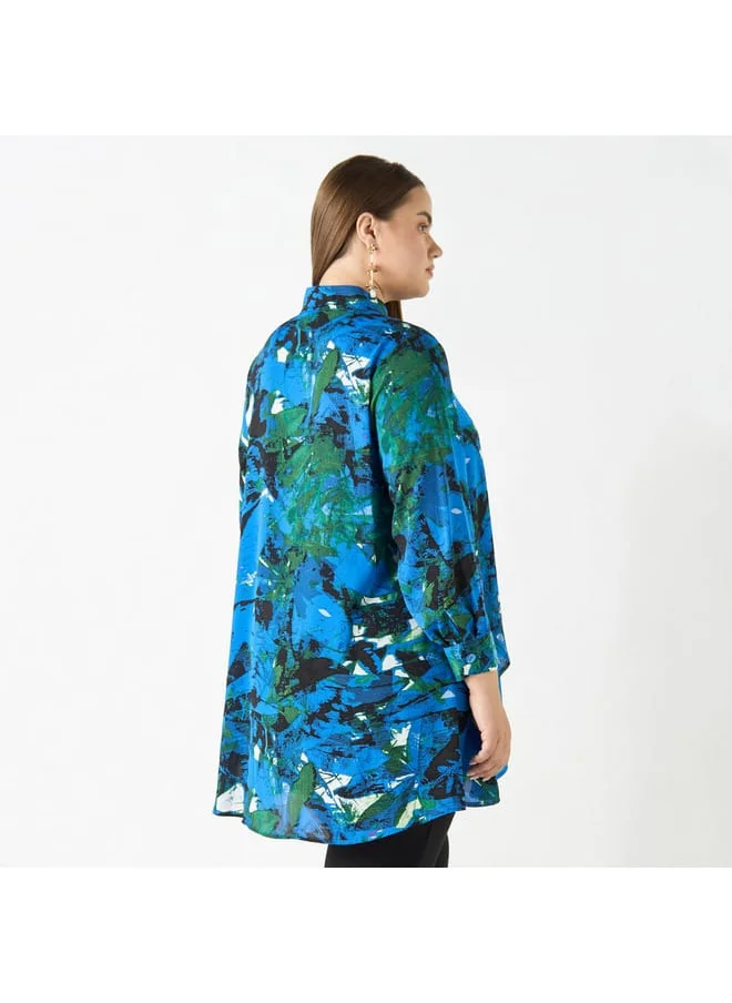 Ulla Popken Plus Size Ulla Popken All-Over Print High Low Top with Long Sleeves