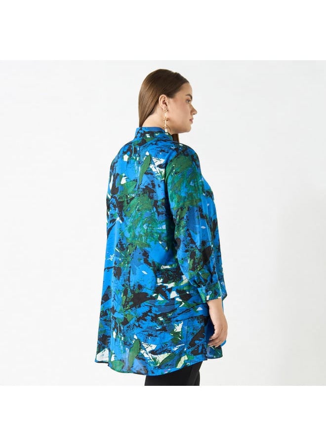 Ulla Popken Plus Size Ulla Popken All-Over Print High Low Top with Long Sleeves  - Image 3