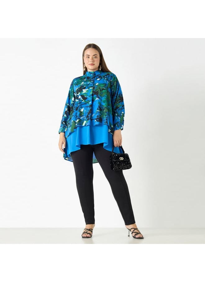 Ulla Popken Plus Size Ulla Popken All-Over Print High Low Top with Long Sleeves  - Image 2