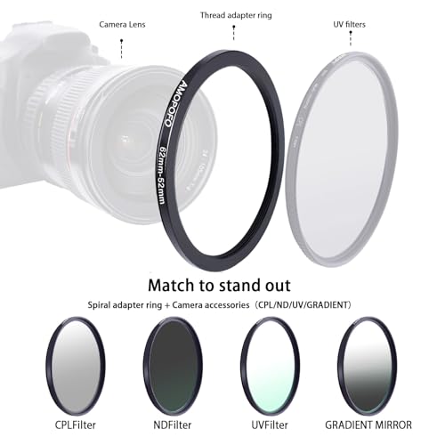 Amopofo 62mm to 52mm Camera Filter Ring /62mm to 52mm Step-Down Ring Filter Adapter for 52mm UV,ND,CPL,Metal Step-Down Ring - Image 5