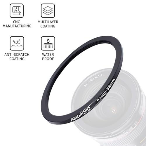 Amopofo 62mm to 52mm Camera Filter Ring /62mm to 52mm Step-Down Ring Filter Adapter for 52mm UV,ND,CPL,Metal Step-Down Ring - Image 2