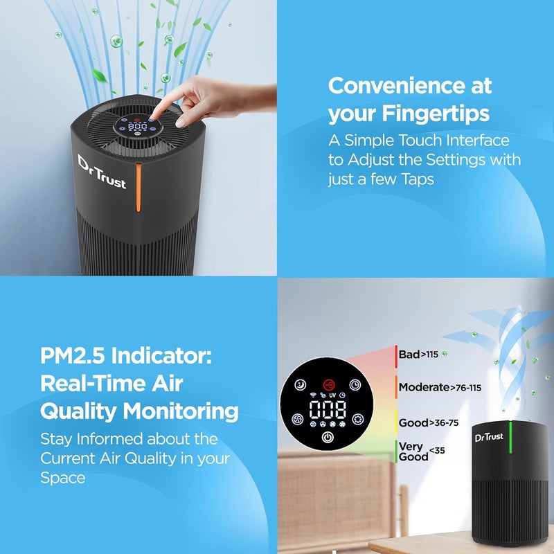 Dr Trust USA Zurich Portable Room Air Purifier HEPA Filter UV 4 Stage Filtration Air Quality Monitoring Low Noise 360 Air Inlet Removes 9997 Pollutants Dust Smoke Bacterial Particles Black - Image 3
