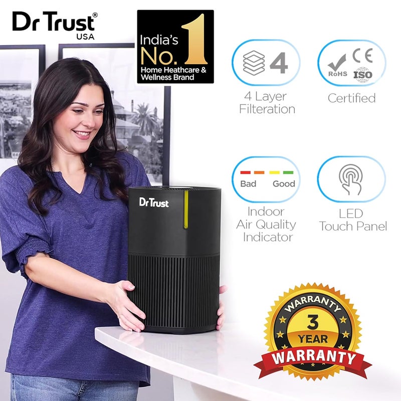 Dr Trust USA Zurich Portable Room Air Purifier HEPA Filter UV 4 Stage Filtration Air Quality Monitoring Low Noise 360 Air Inlet Removes 9997 Pollutants Dust Smoke Bacterial Particles Black - Image 2