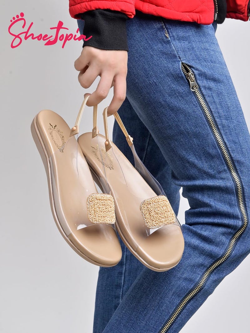 Shoetopia Women's Transparent Beige Slingback Sandals with Beaded Embellished Strap – Casual Flat Comfort Footwear EU39 - Image 3
