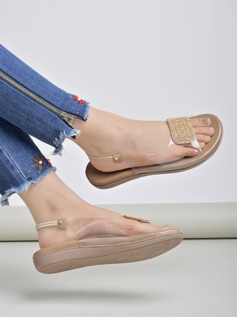 Shoetopia Women's Transparent Beige Slingback Sandals with Beaded Embellished Strap – Casual Flat Comfort Footwear EU39 - Image 4