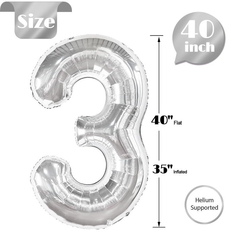 IWERP Silver 3 Balloon, Number Balloons 40 Inch, 3rd Birthday Decorations for Kids Girls Boys, Men Women Silver Party Supplies for Party Decorations, Number 3 Balloon - Image 5