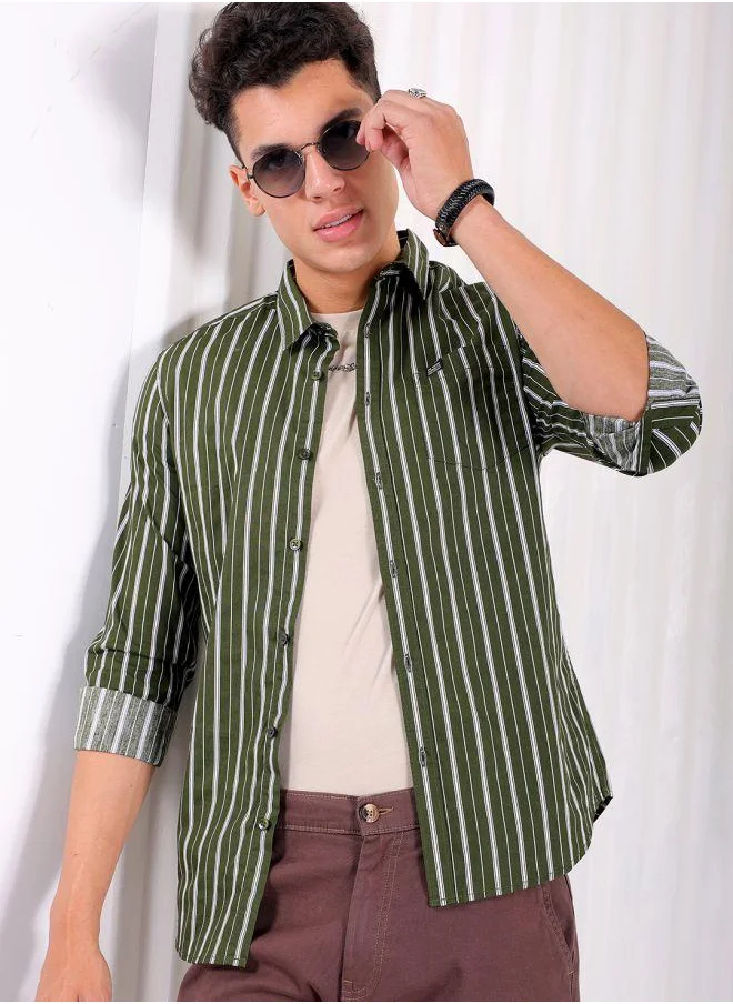 The Indian Garage Co Men Slim Fit Multi Striped Full Sleeves Cutaway Collar Casual Shirt