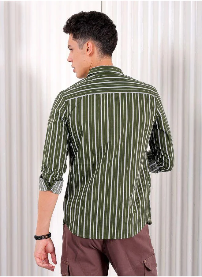 The Indian Garage Co Men Slim Fit Multi Striped Full Sleeves Cutaway Collar Casual Shirt