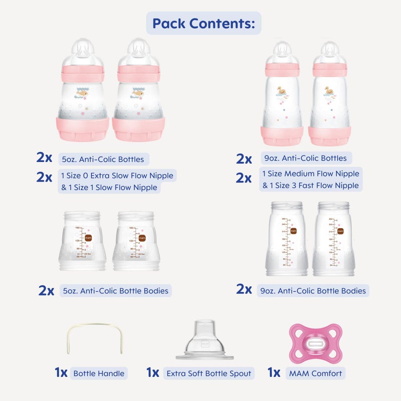 MAM Grow with Baby Feeding Set, Newborn Essentials Must Have for 0-3 Months, Anti-Colic Bottles, Pacifiers and Skinsoft Silicone Nipples, Baby Gift 11 Piece, BPA Free for Girl - Image 2