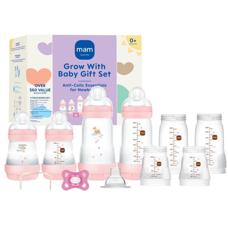 MAM Grow with Baby Feeding Set, Newborn Essentials Must Have for 0-3 Months, Anti-Colic Bottles, Pacifiers and Skinsoft Silicone Nipples, Baby Gift 11 Piece, BPA Free for Girl - Image 1