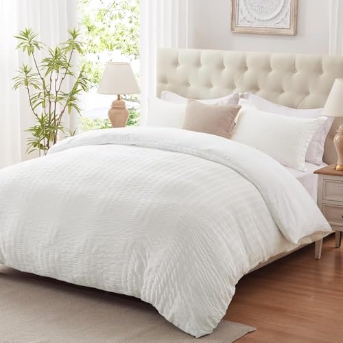 Cozyide White Duvet Cover Queen Size, Soft 3-Piece Seersucker Queen Duvet Cover Set, All Seasons Bedding Set with Zipper Closure and Corner Ties(90"x90", 2 Pillow Cases 20"x26") - Image 1