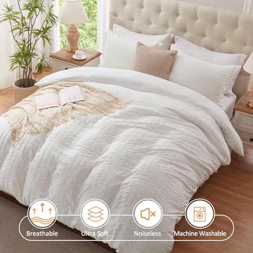 Cozyide White Duvet Cover Queen Size, Soft 3-Piece Seersucker Queen Duvet Cover Set, All Seasons Bedding Set with Zipper Closure and Corner Ties(90"x90", 2 Pillow Cases 20"x26") - Image 2