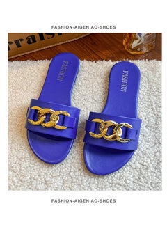 Womens Casual Summer 2023 Flat Foot Slippers With Metal Buckle One-Row Beach Sandals Nylon Lining Rubber Sole Adults Blue