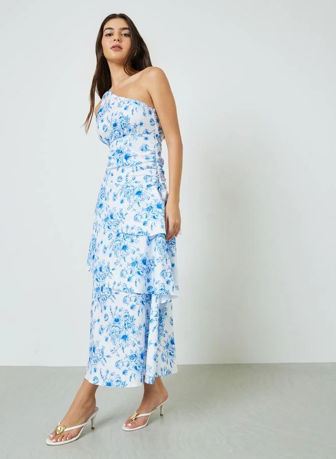 Take Two One Shoulder Neck Floral Print Layered Maxi Dress