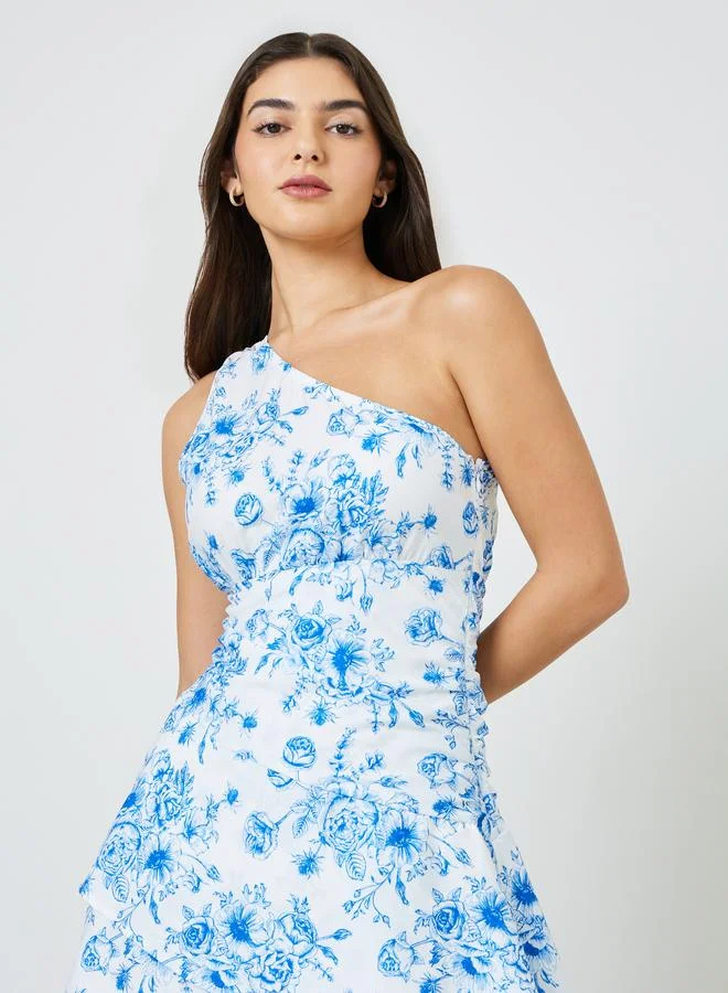 Take Two One Shoulder Neck Floral Print Layered Maxi Dress