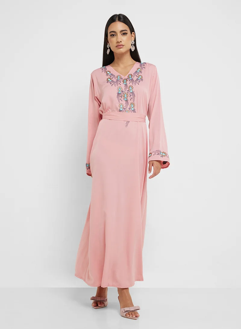 hayas closet Straight Sleeve V-Neck Embroidered Abaya
