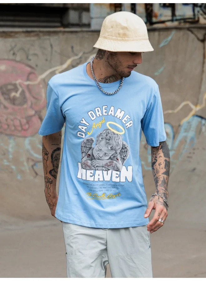 فيردو Veirdo® Oversized Loose Baggy Fit Drop Shoulder Round Neck Half Sleeve Cool Graphic Printed Pure Cotton T-Shirt for Men & Boys Sky Blue