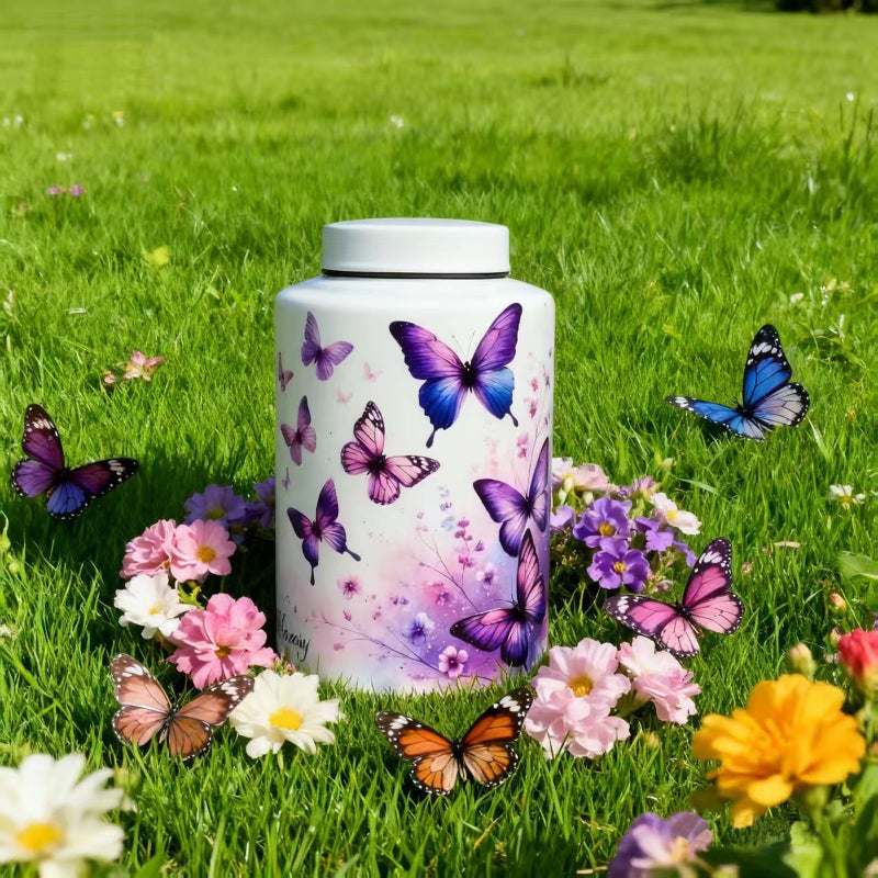 Mianachilu Large Cremation Urn for Adult Female Male Ashes, Decorative Funeral Keepsake Memorial Urns for Human Women Man Mom Dad Remains with Velvet Bag(Heavenly Butterfly) - Image 1