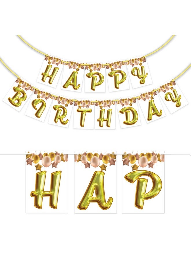 Wobbox White & Golden Balloon Font Happy Birthday Bunting Banner/Birthday Banner Decoration/Happy Birthday Decoration - Image 1