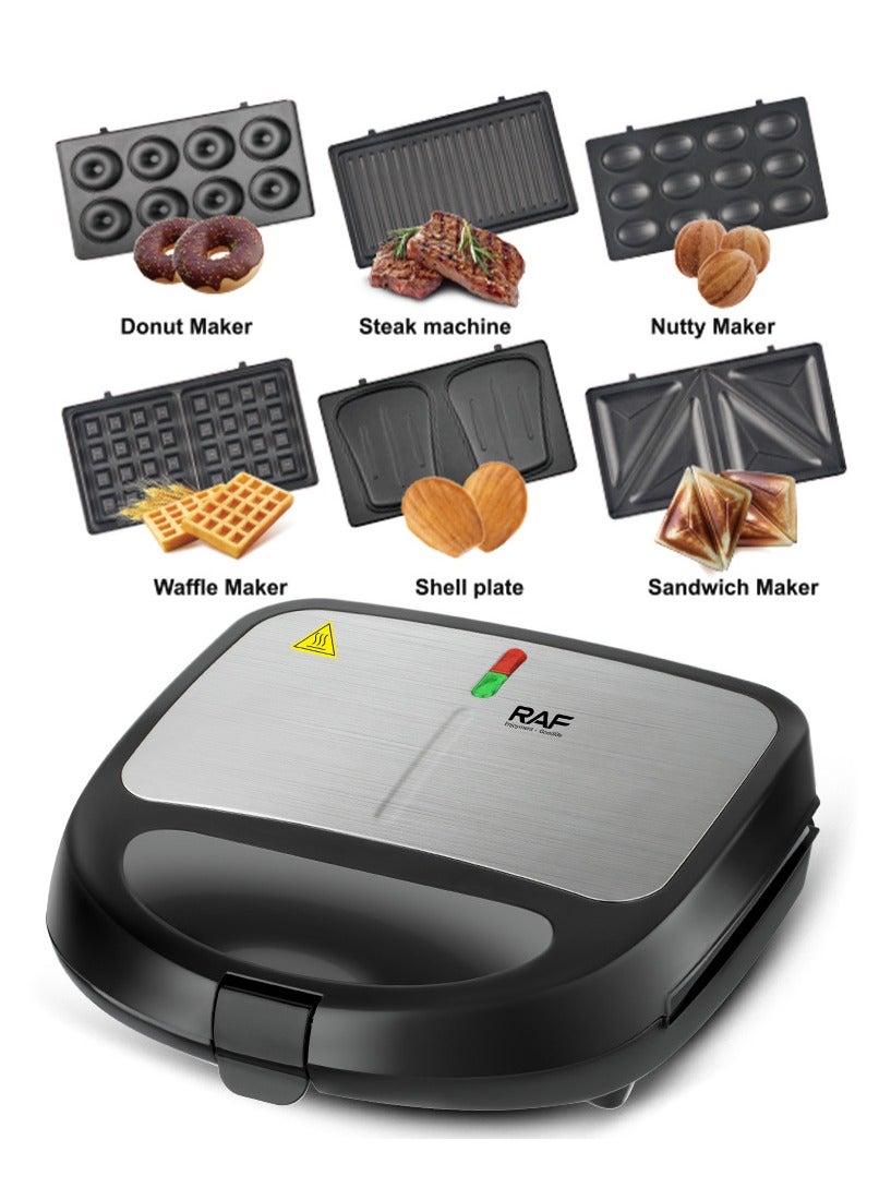 RAF Sandwich Maker – 850W 6-in-1 Multi-Function Toaster with Interchangeable Plates for Sandwiches, Waffles, Donuts, Grilling & More, Non-Stick, Easy Clean