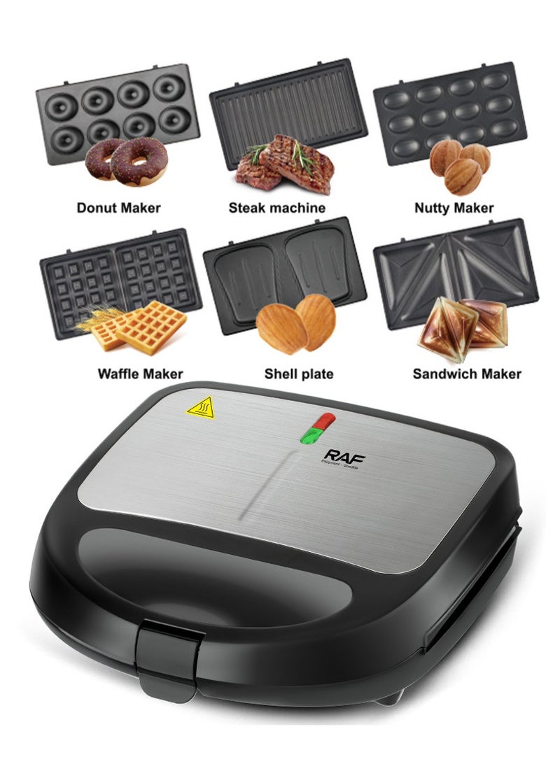RAF Sandwich Maker – 850W 6-in-1 Multi-Function Toaster with Interchangeable Plates for Sandwiches, Waffles, Donuts, Grilling & More, Non-Stick, Easy Clean - Image 1