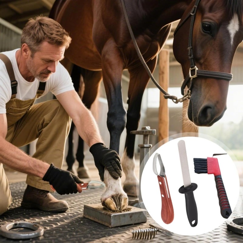 Complete Horse Hoof Trimming Tools Set, Stainless Steel Knife with Sharpener and Hoof Brush - Image 3