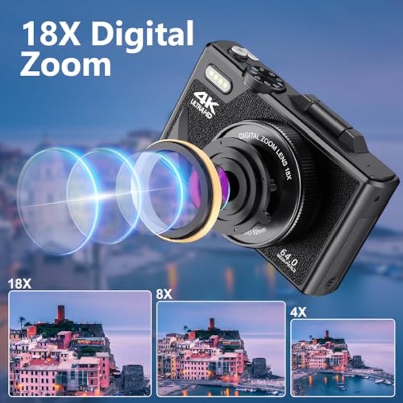 Travel photography camera: vintage-style 75MP digital camera with 3-inch 180 flip screen, autofocus, 18x zoom, black finish - Image 4