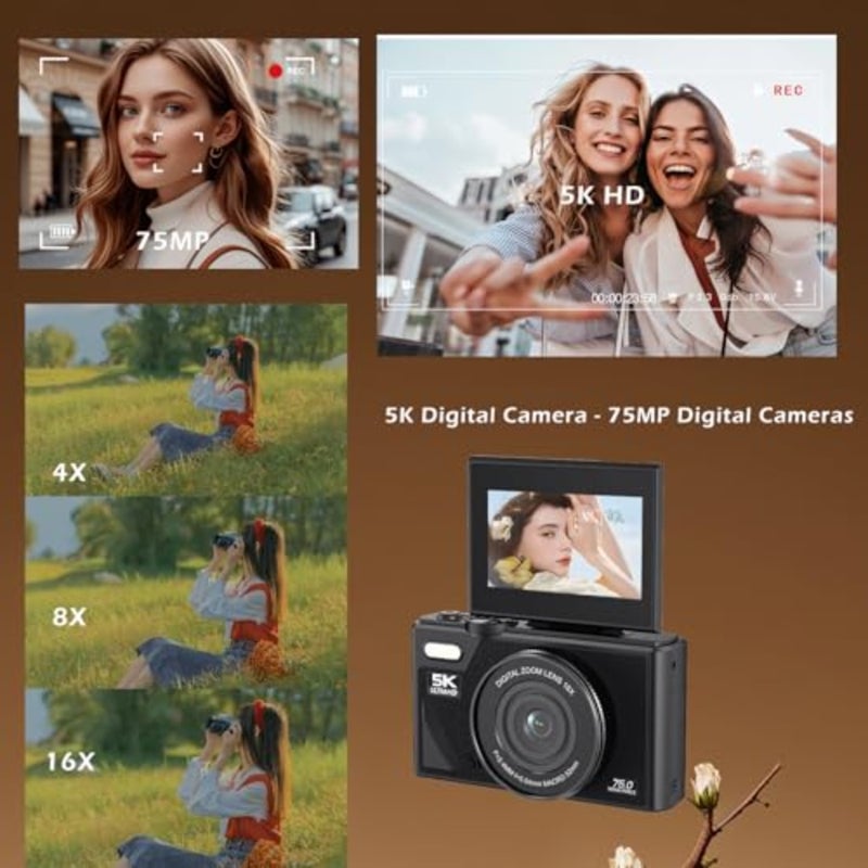 Travel photography camera: vintage-style 75MP digital camera with 3-inch 180 flip screen, autofocus, 18x zoom, black finish - Image 2