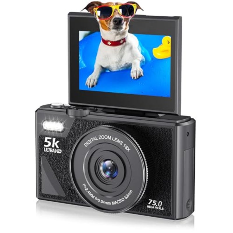 Travel photography camera: vintage-style 75MP digital camera with 3-inch 180 flip screen, autofocus, 18x zoom, black finish - Image 1