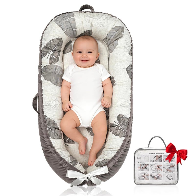 Meindoovm Baby Lounger | Organic Cotton Infant Lounger | Reversible, Adjustable & Portable Floor Lounger | Soft, Breathable, Washable Cover-Grey Leaves - Image 1