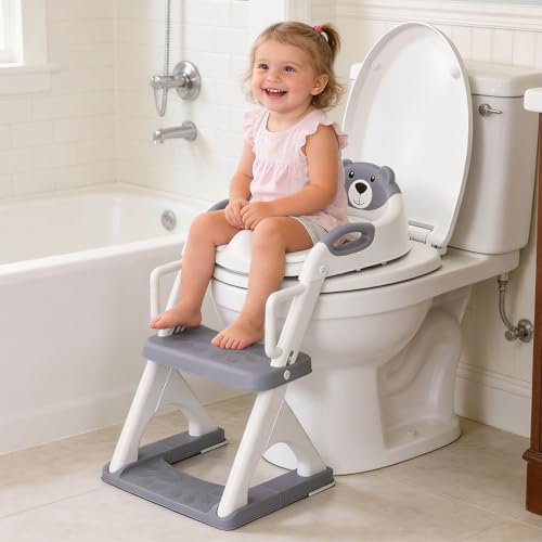 SKYROKU Potty Training Seat with Step Stool Ladder, Toddler Toilet Seat for Boys Girls, Adjustable 6 Heights Fits Round & Elongated Toilets, Anti-Slip Pads & Leak-Proof Guard - Image 3