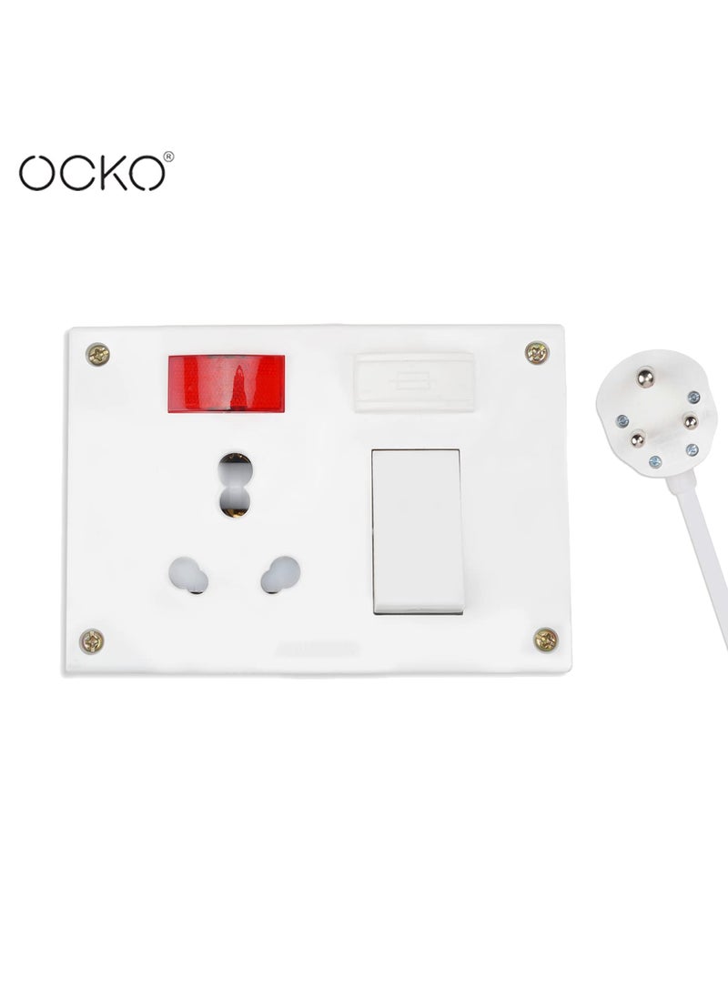 OCKO - Ocko Heavy Duty Extension Board with 25mm 5m Long Wire 616 Amp 1 Socket 1 Switch and 16 Amp Plug Combined for Microwave Induction Cooker Fridge Heater AC Polycarbonate White Pack of 1 - Image 1