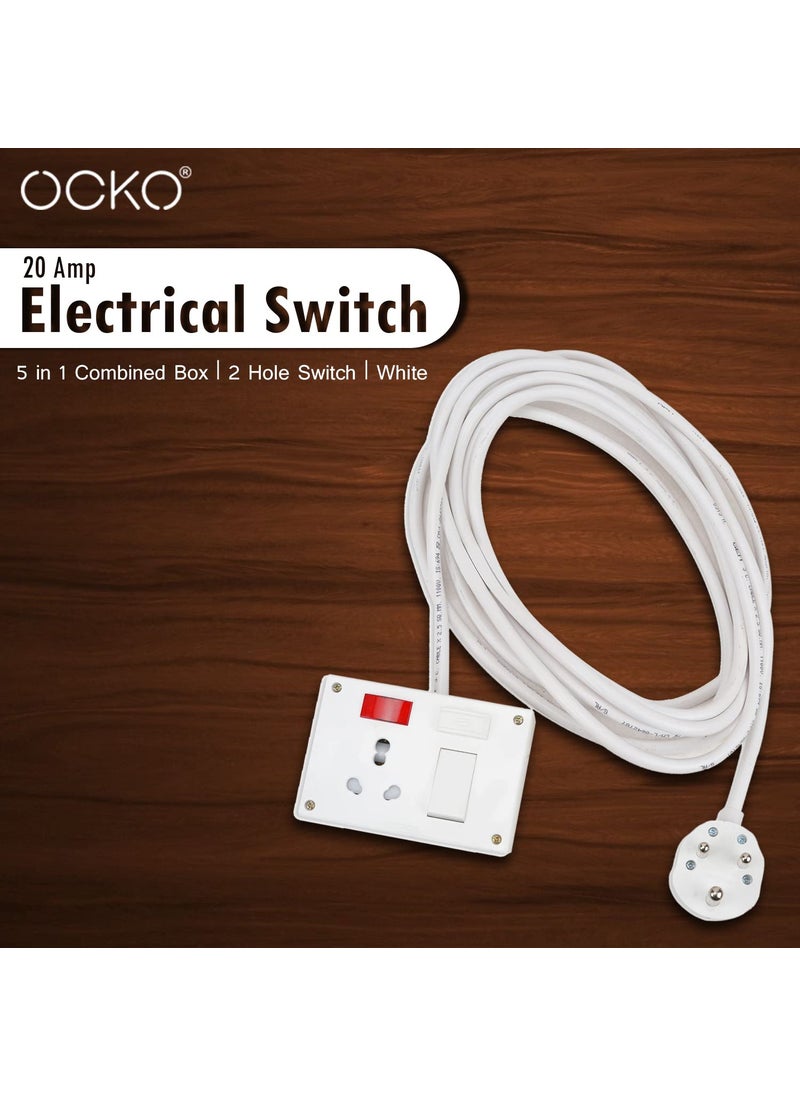OCKO - Ocko Heavy Duty Extension Board with 25mm 5m Long Wire 616 Amp 1 Socket 1 Switch and 16 Amp Plug Combined for Microwave Induction Cooker Fridge Heater AC Polycarbonate White Pack of 1 - Image 1