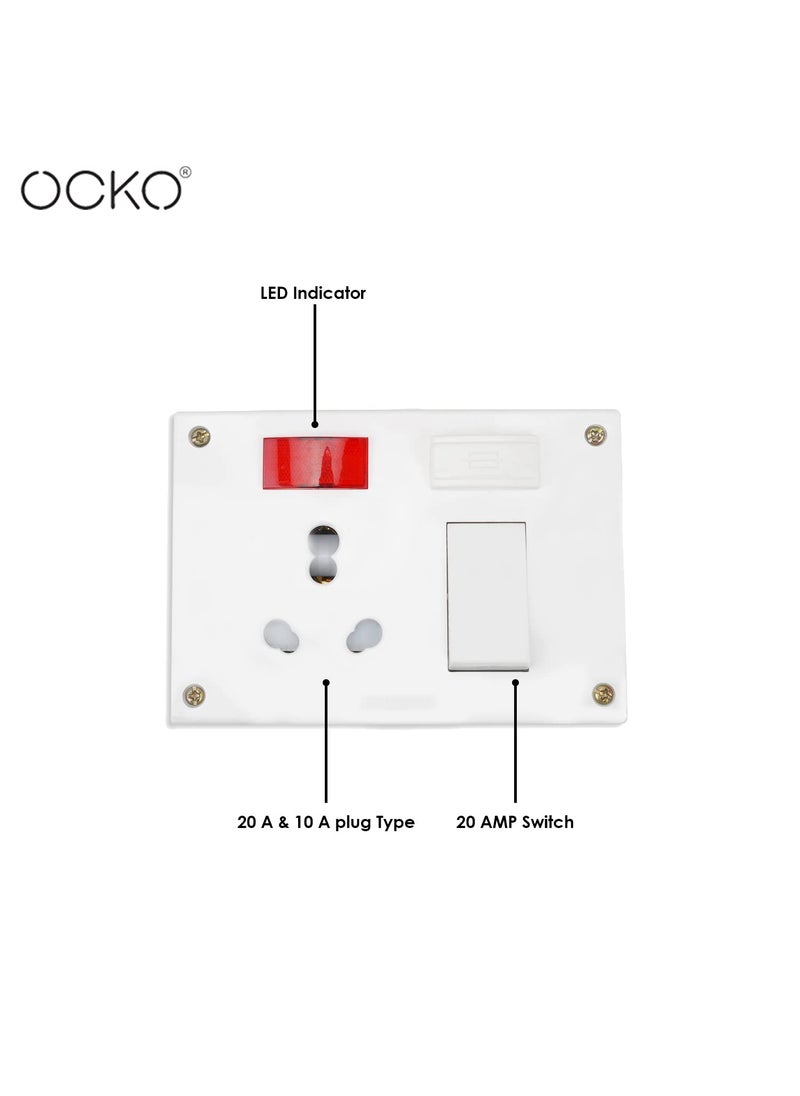 OCKO - Ocko Heavy Duty Extension Board with 25mm 5m Long Wire 616 Amp 1 Socket 1 Switch and 16 Amp Plug Combined for Microwave Induction Cooker Fridge Heater AC Polycarbonate White Pack of 1 - Image 1