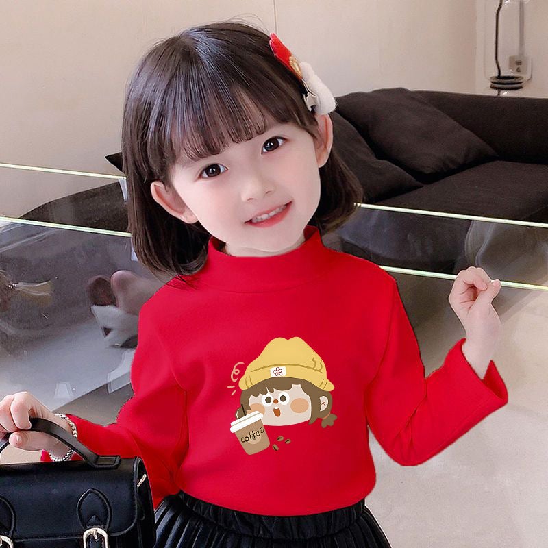 Girls' Semi-High Collar Velvet Casual Long-Sleeved T-Shirt Autumn New Arrival Medium And Large Children'S Wear Cartoon Printed Western Style Girls' Trendy T-Shirt - Image 1
